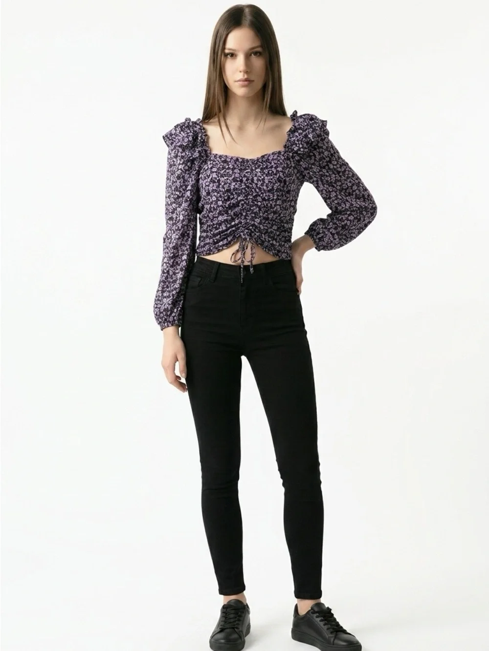 Zara Purple Floral Cottagecore Ruched Crop Top L 318